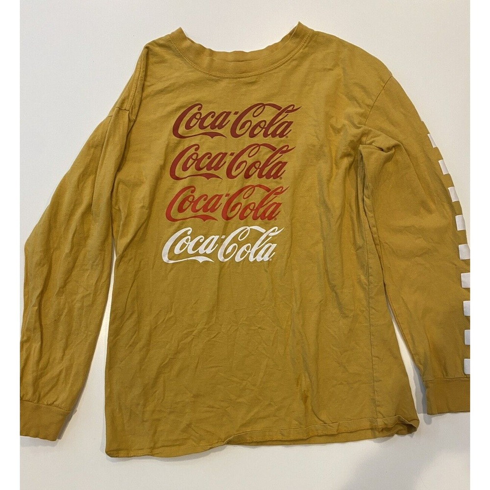 Coca-Cola Long Sleeve T-Shirt Mens M Yellow Good Checkerboard Sleeve Vintage